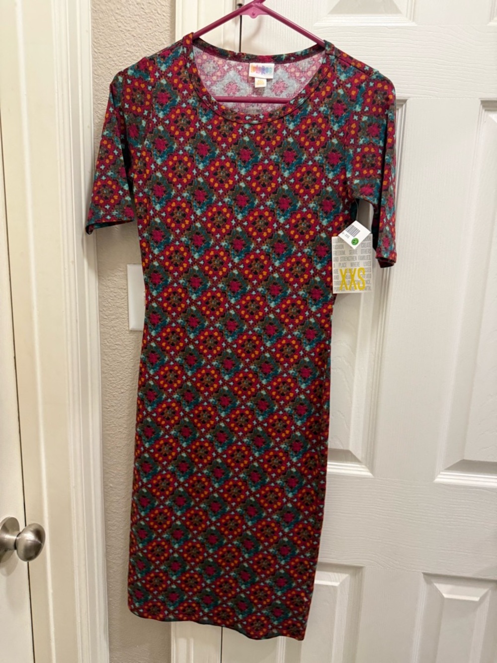 LuLaRoe Red Teal Orange Geometric Midi Julia Dress